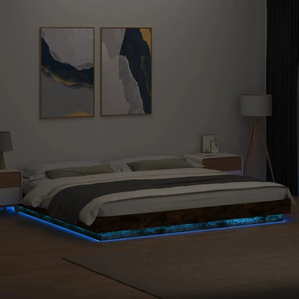 vidaXL Πλαίσιο Κρεβατιού με Φώτα LED Καπνιστή δρυς200x200εκ.Επεξ. Ξύλο