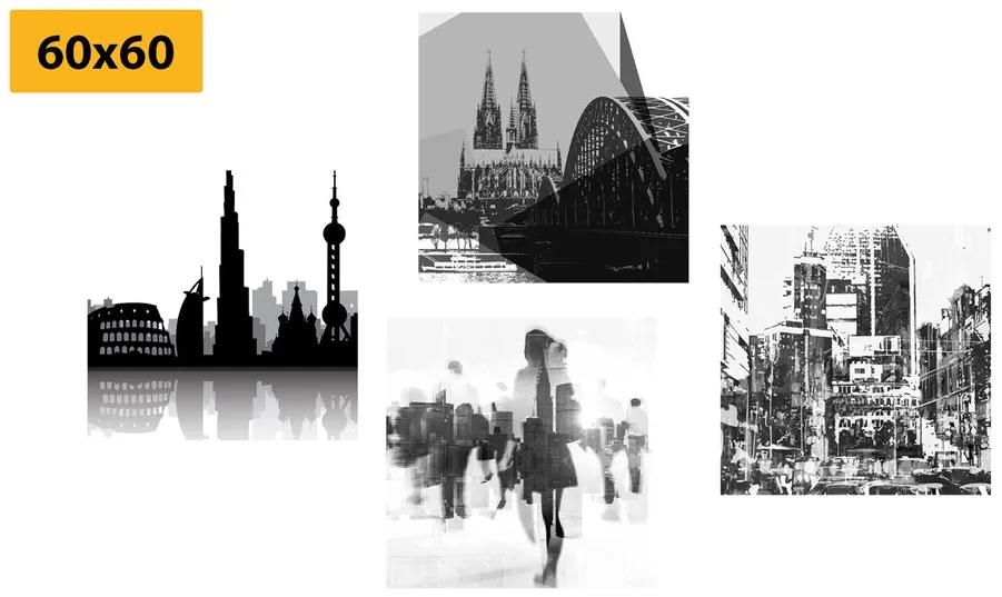 Σετ εικόνων από τη ζωή στη μεγάλη πόλη σε μαύρο & άσπρο με μια αφηρημένη πινελιά - 4x 40x40