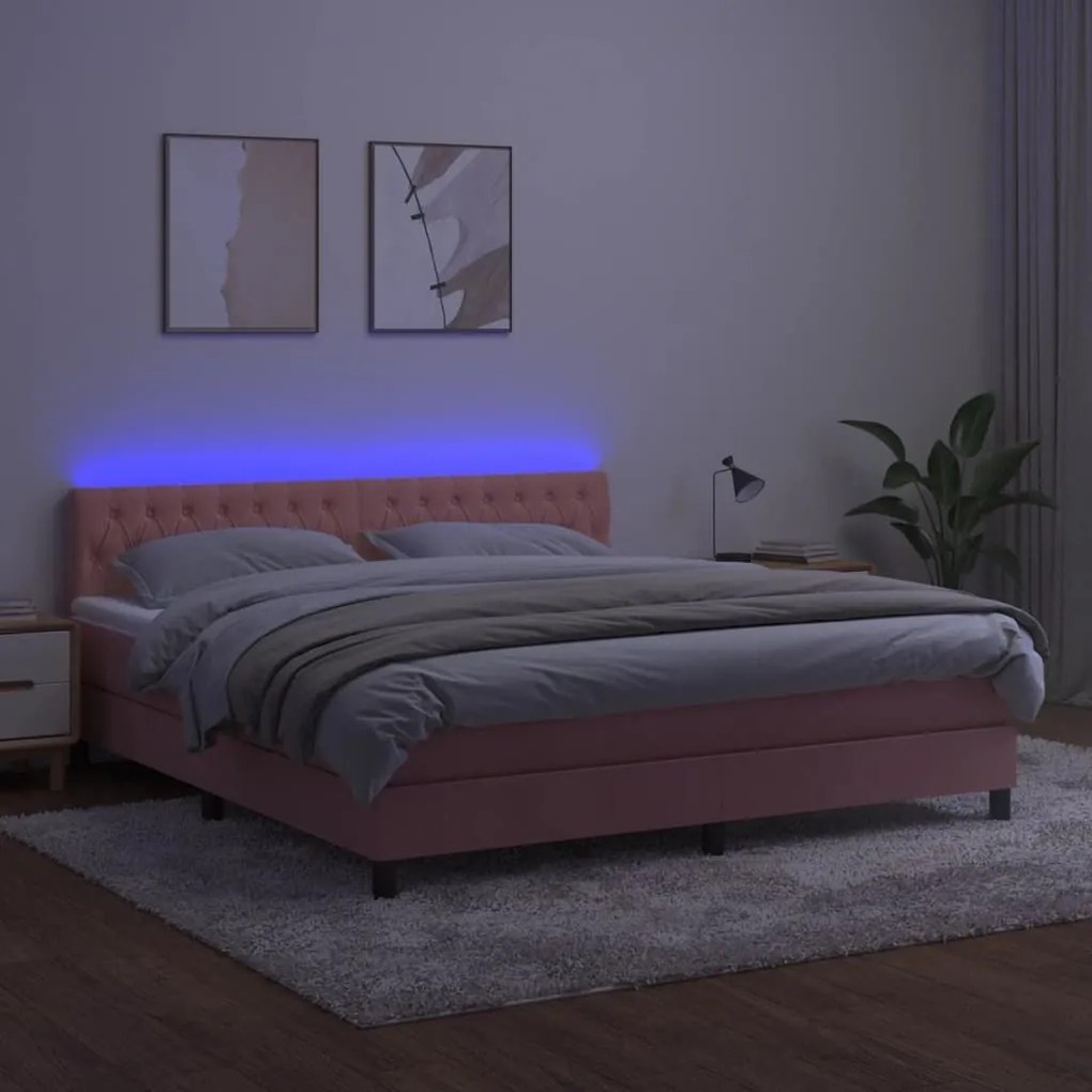 Κρεβάτι Boxspring με Στρώμα &amp; LED Ροζ 180x200 εκ. Βελούδινο - Ροζ