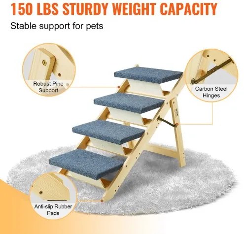 VEVOR  Wooden Pet Stairs/Pet Step with 4 Steps 2-in-1 Foldable Dog Stair 150 lbs