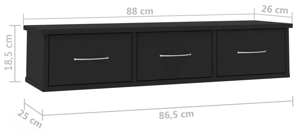 vidaXL Ράφι Τοίχου με Συρτάρια Μαύρο 88 x 26 x 18,5 εκ. από Επεξ. Ξύλο