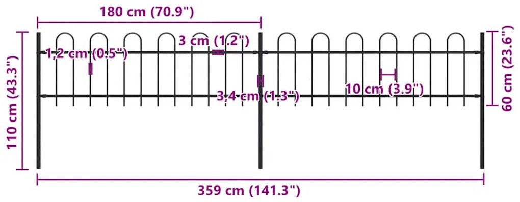 vidaXL Φράχτης Κήπου με Κορυφή από Ατσάλι Μαύρος 359 x 60 εκ.