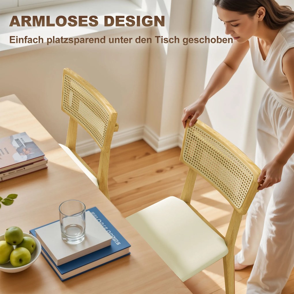 HOMCOM Καρέκλα Τραπεζαρίας, Πλάτη από Ψάθα, Κάθισμα από Τεχνητό Δέρμα, Ξύλο Καουτσούκ, Φυσικό Ξύλο