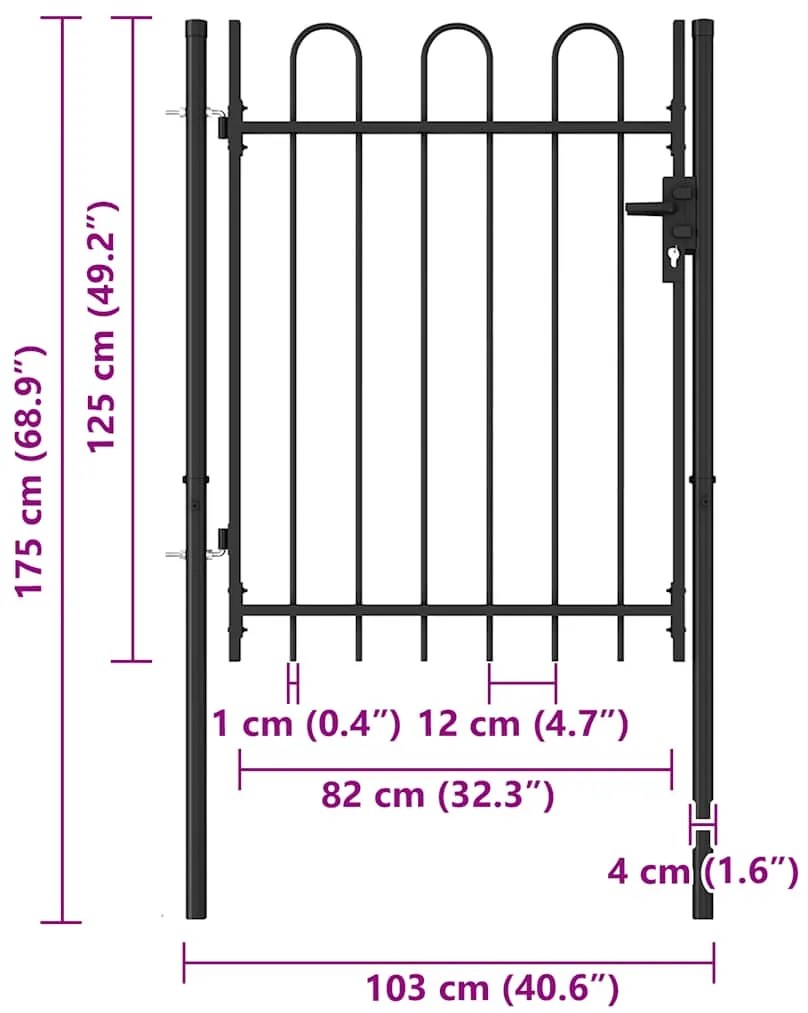 vidaXL Καγκελόπορτα Μονή με Αψιδωτή Κορυφή Μαύρη 1 x 1,2 μ. Ατσάλινη