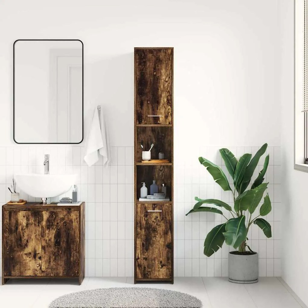 vidaXL Ντουλάπι Μπάνιου Καπνιστή Δρυς 30x30x183,5 εκ. Επεξεργ. Ξύλο