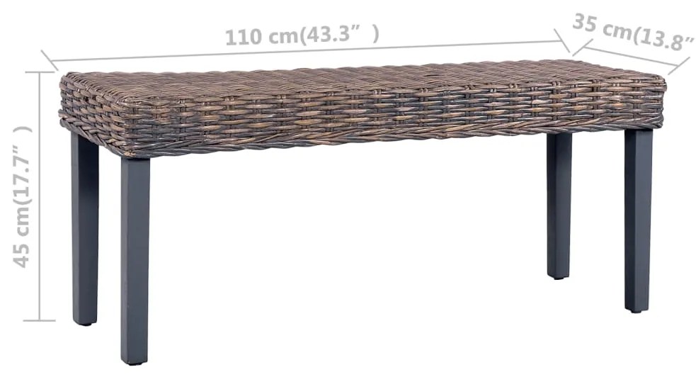 vidaXL Πάγκος 110 εκ. Γκρι Φυσικό Ρατάν Kubu και Μασίφ Ξύλο Μαόνι