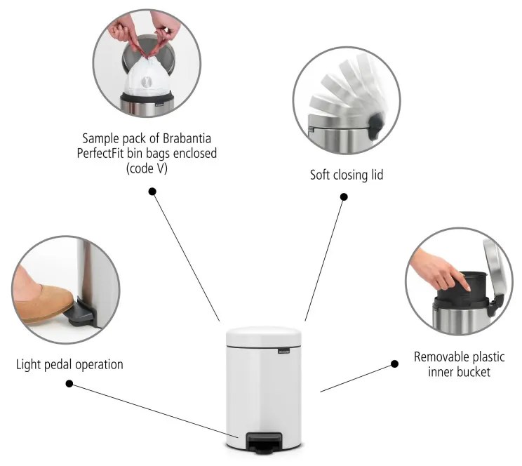 Κάδος με πεντάλ Brabantia NewIcon, 3 l, Εύκολο κλείσιμο, Αντιολισθητική βάση, Λευκό