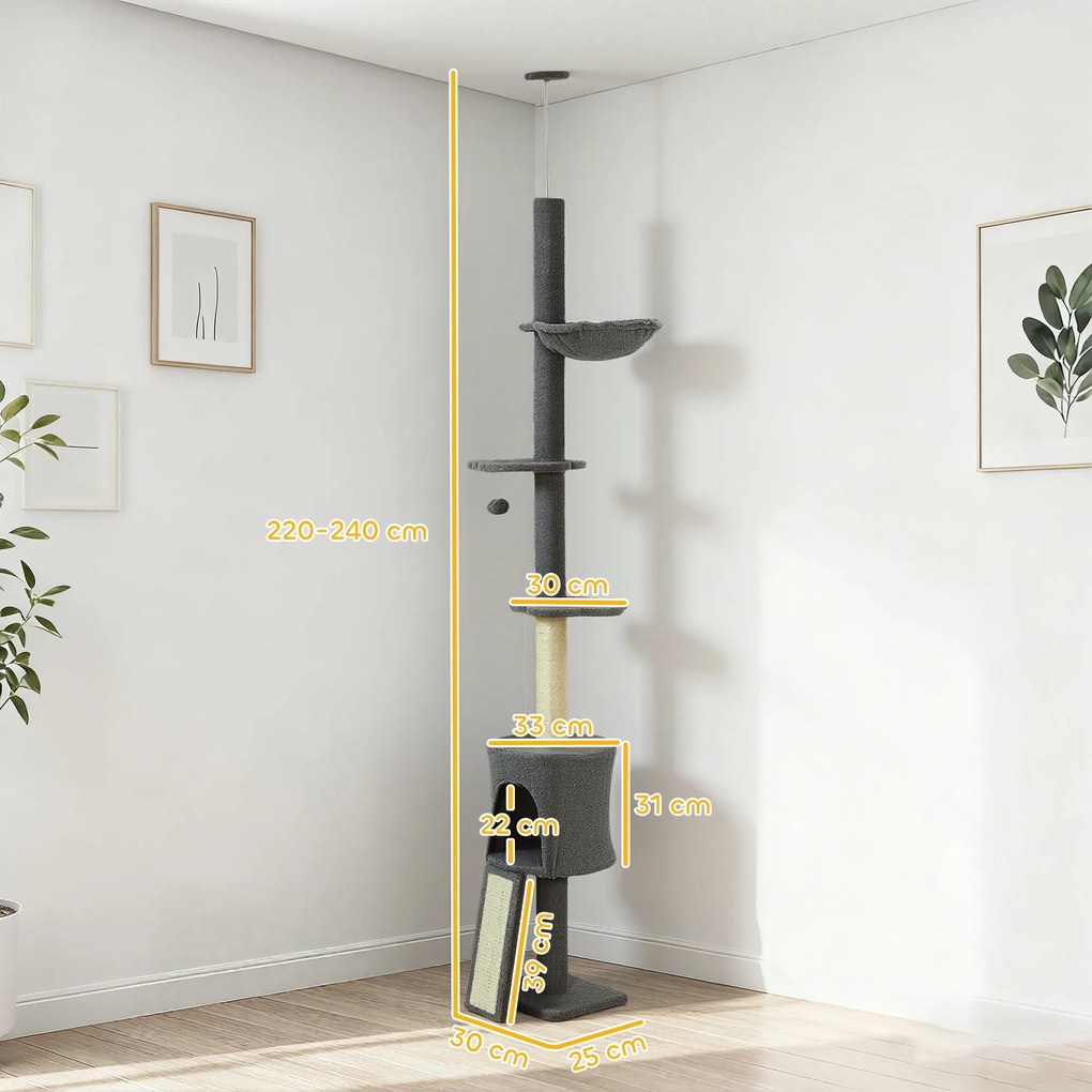 Δέντρο για γάτες PawHut, Σπηλιά, Αιώρα, Ρυθμιζόμενο ύψος, Ορθοστάτης με κάλυμμα υφάσματος, Γκρι