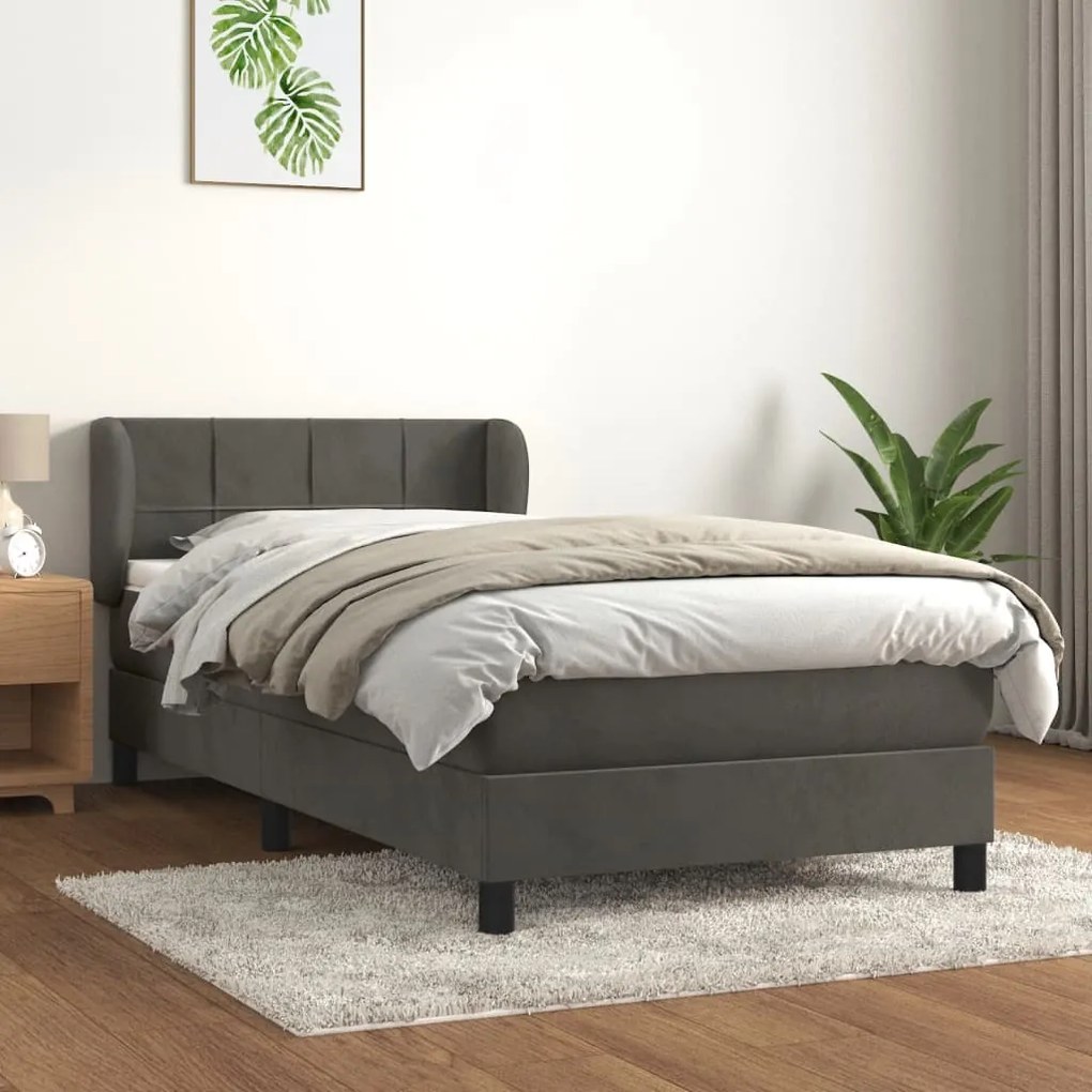 vidaXL Κρεβάτι Boxspring με Στρώμα Σκούρο Γκρι 90x190 εκ. Βελούδινο