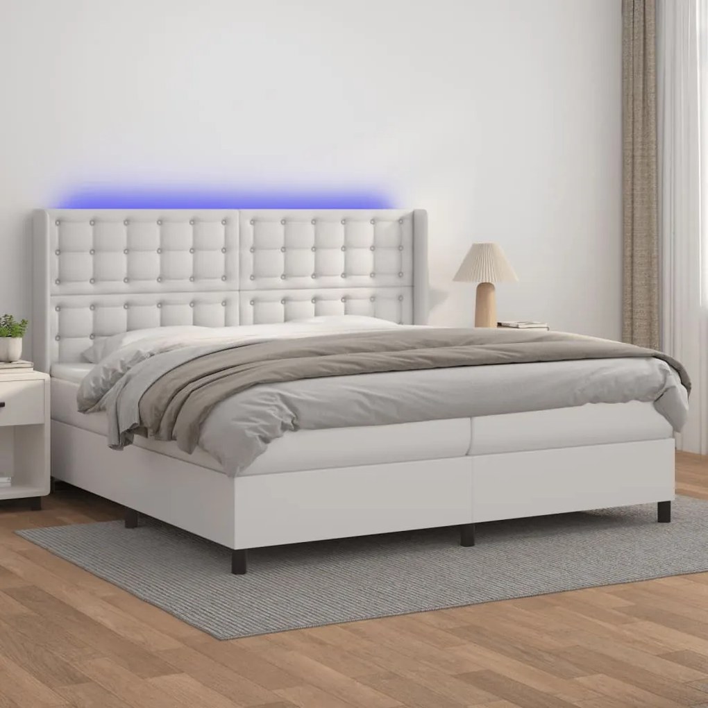 vidaXL Κρεβάτι Boxspring με Στρώμα & LED Λευκό 200x200 εκ. Συνθ. Δέρμα