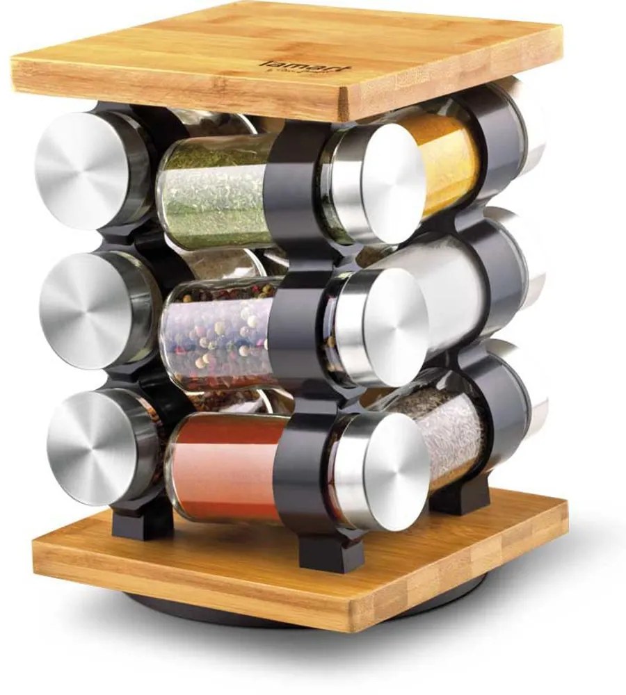 Σετ 12 Βάζων Μπαχαρικών GUSTO Lamart LT7010 Γυάλινα Βάζα 85ml σε Περιστρεφόμενη Βάση