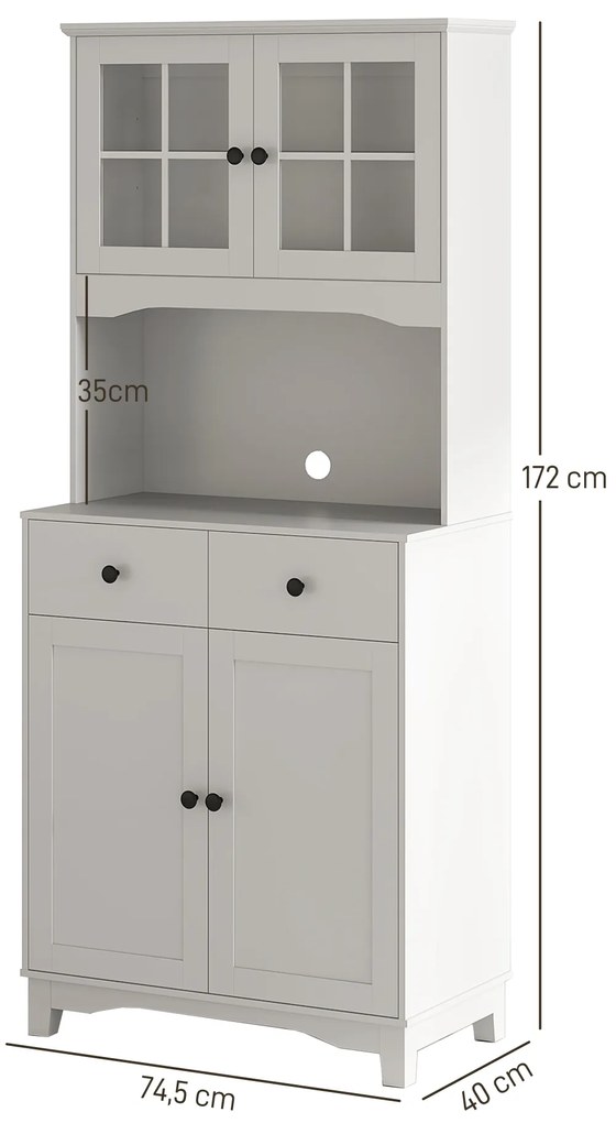 HOMCOM Ανεξάρτητο ντουλάπι κουζίνας με πάγκο εργασίας για φούρνο μικροκυμάτων, καφετιέρα, ντουλάπια, γυάλινες πόρτες, Λευκό