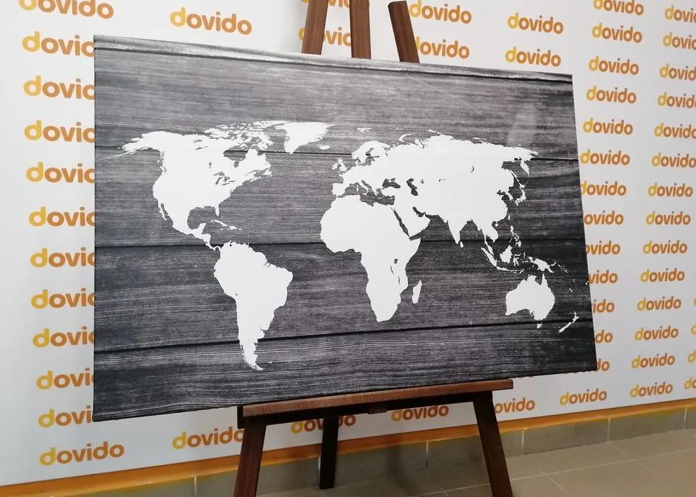 Εικόνα ενός ασπρόμαυρου παγκόσμιου χάρτη φελλού με ξύλινο φόντο - 90x60  transparent