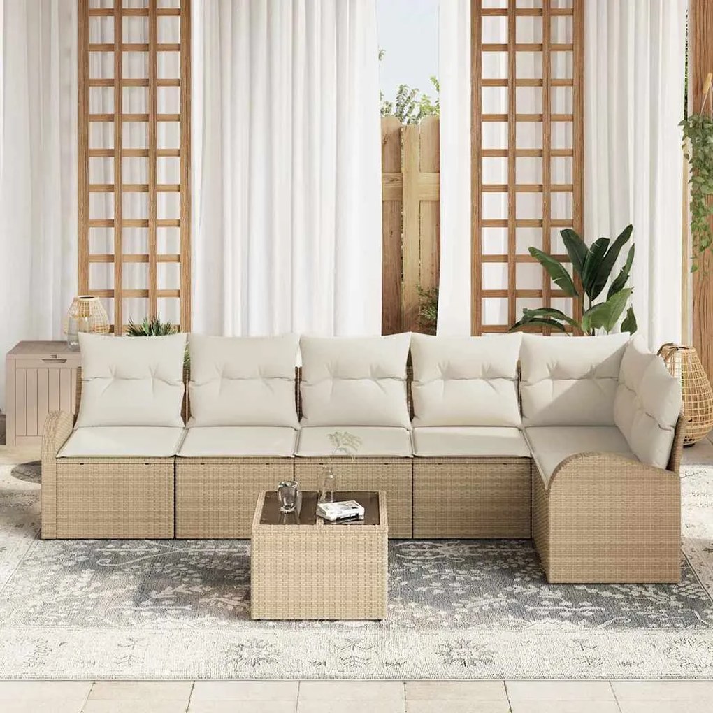 vidaXL Σετ Καναπέ Κήπου με μαξιλάρι 7 pcs Beige, λευκό Πολυ ράταν