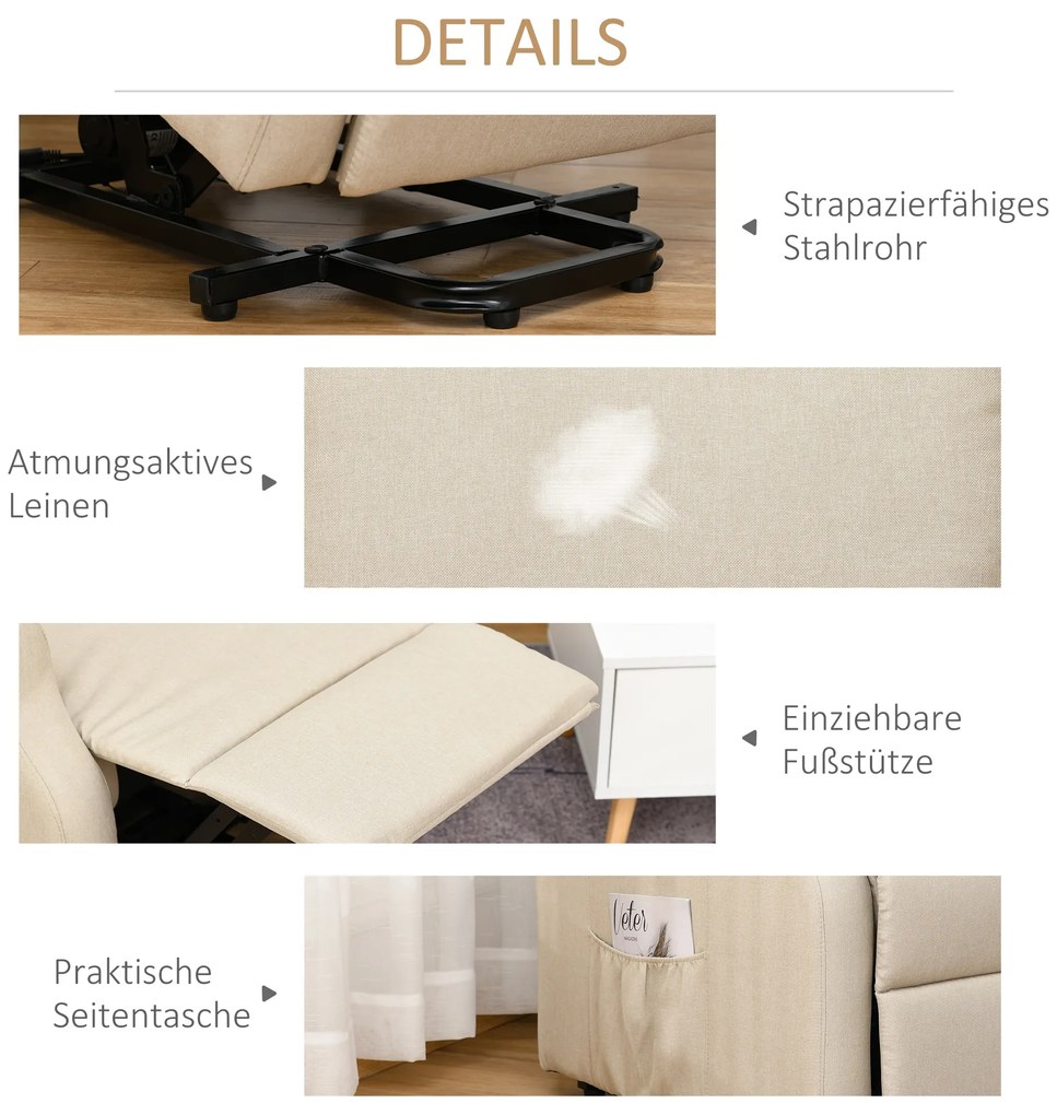 HOMCOM Ηλεκτρική πολυθρόνα ανάκλισης με λειτουργία ανύψωσης, πολυθρόνα για ηλικιωμένους με βοήθεια ανύψωσης, έως 200 κιλά, 72,5x94x109cm, Κρεμ