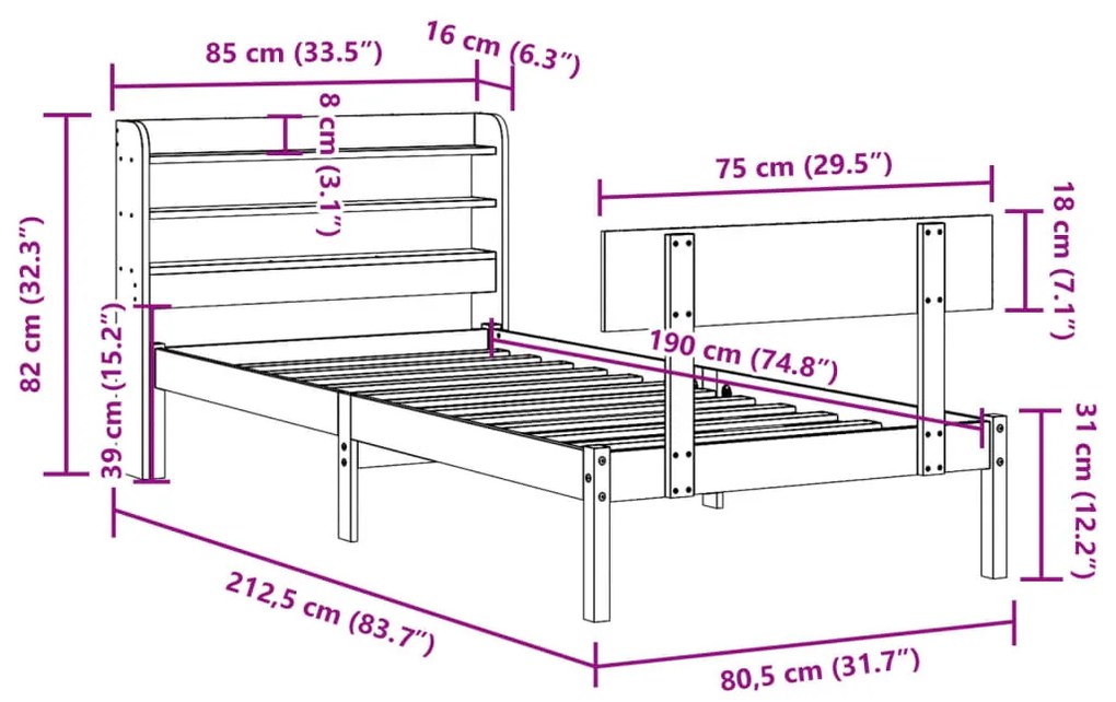 Σκελετός Κρεβατιού Χωρίς Στρώμα 75x190 εκ Μασίφ Ξύλο Πεύκου - Καφέ