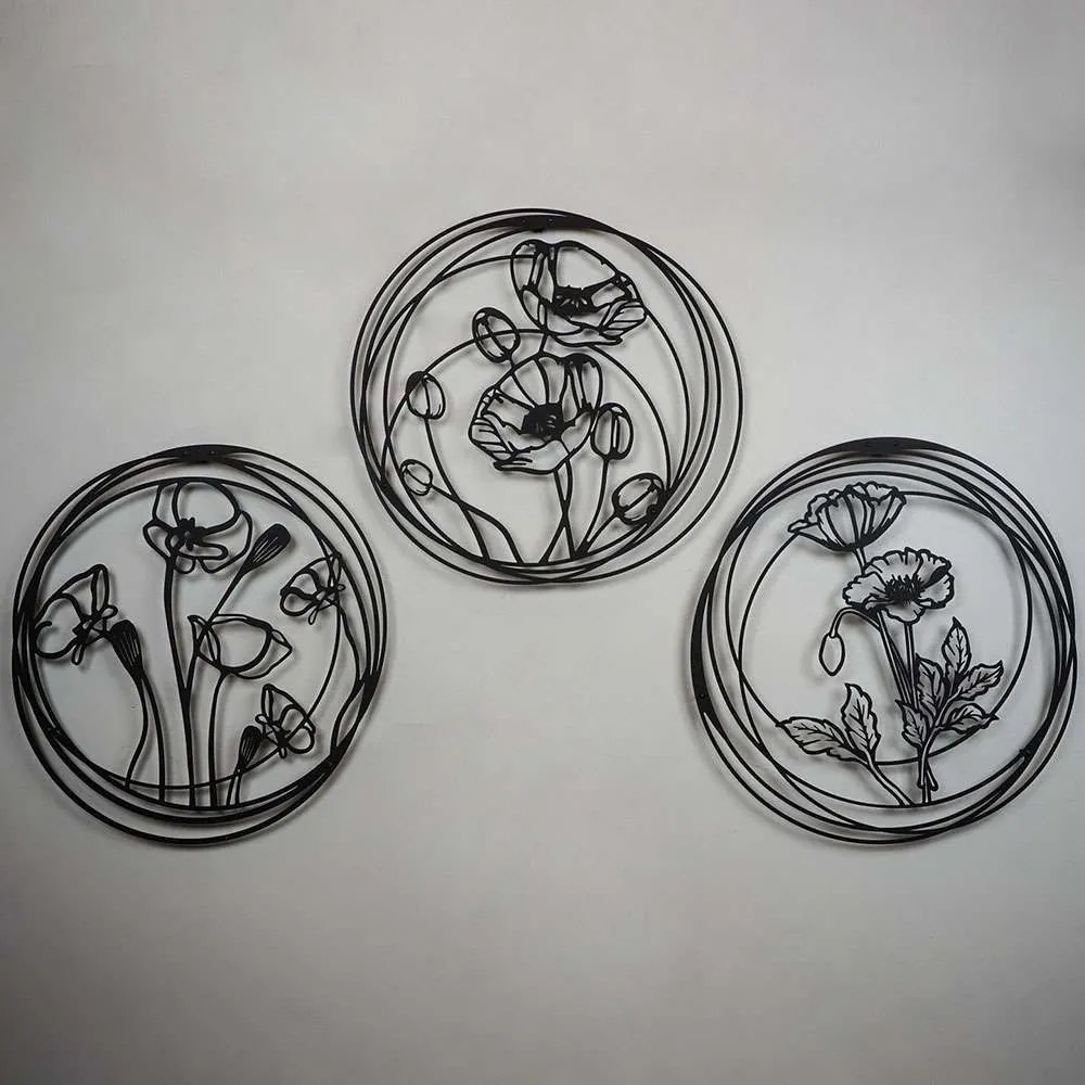 Διακοσμητικό Τοίχου Poppy Flowers (Σετ 3Τμχ) 507ATP1124 49x49cm Black Wallity Steel
