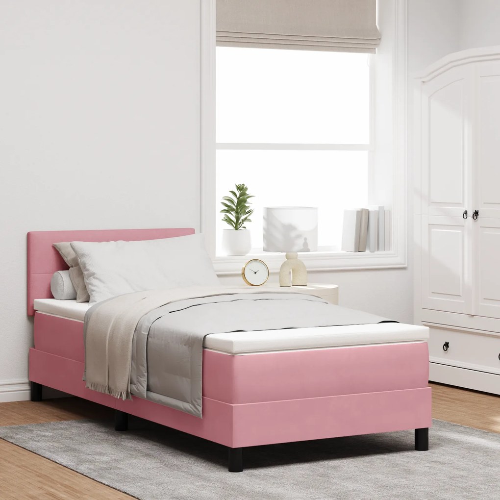 vidaXL Κρεβάτι Box Spring με Στρώμα & LED Ροζ 120x190 εκ. Βελούδο