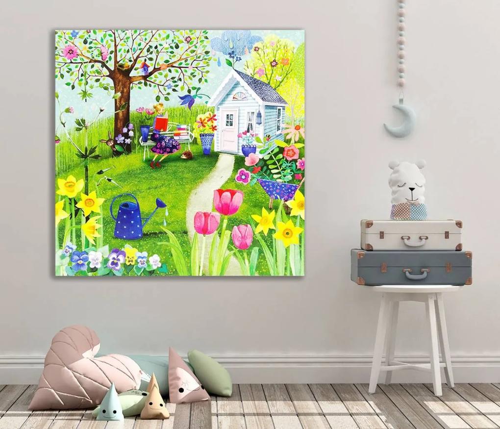 Παιδικός πίνακας σε καμβά σπίτι με λουλούδια KNV0400 95cm x 95cm