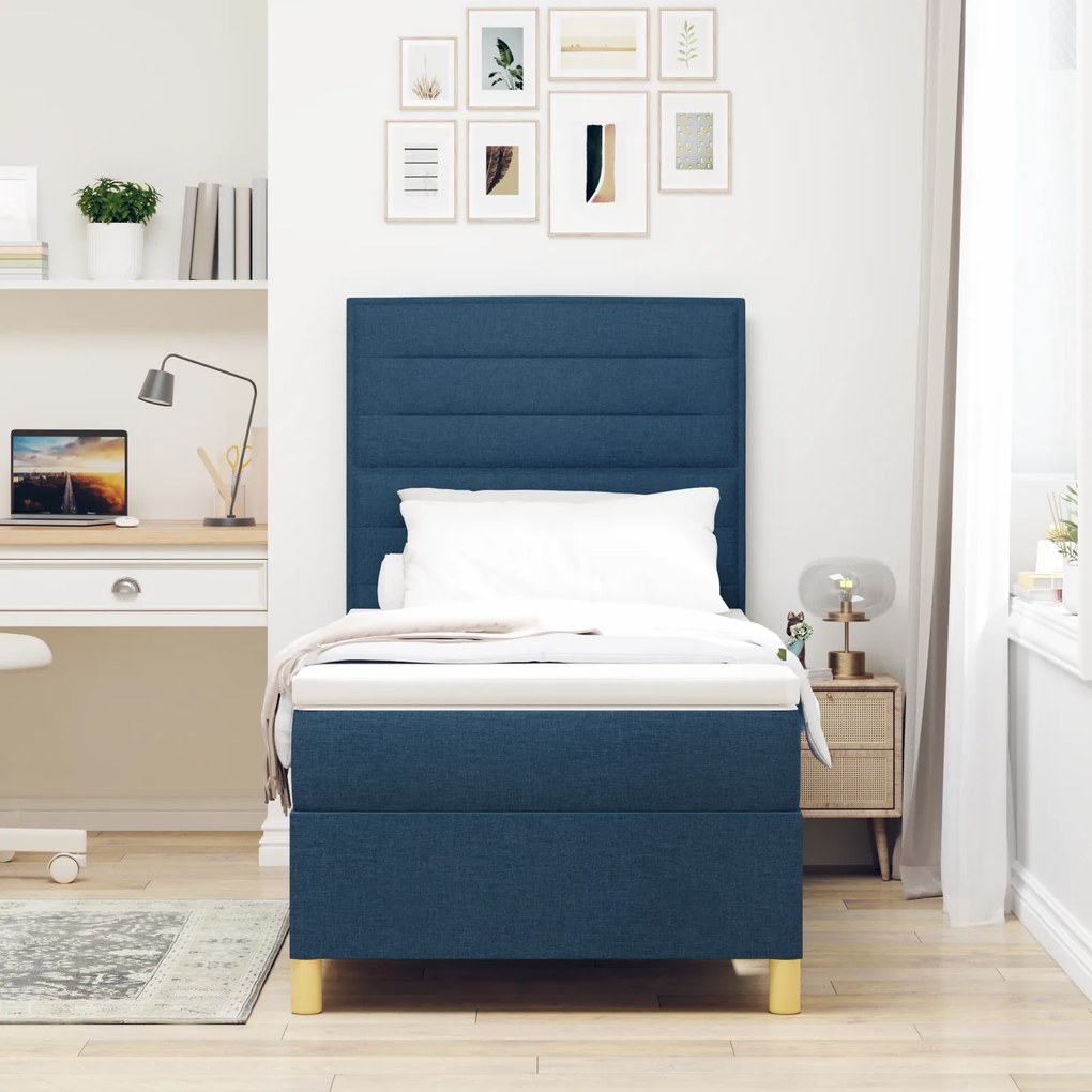 vidaXL Box Spring Bed with Mattress & LED Blue 100x200 cm Fabric