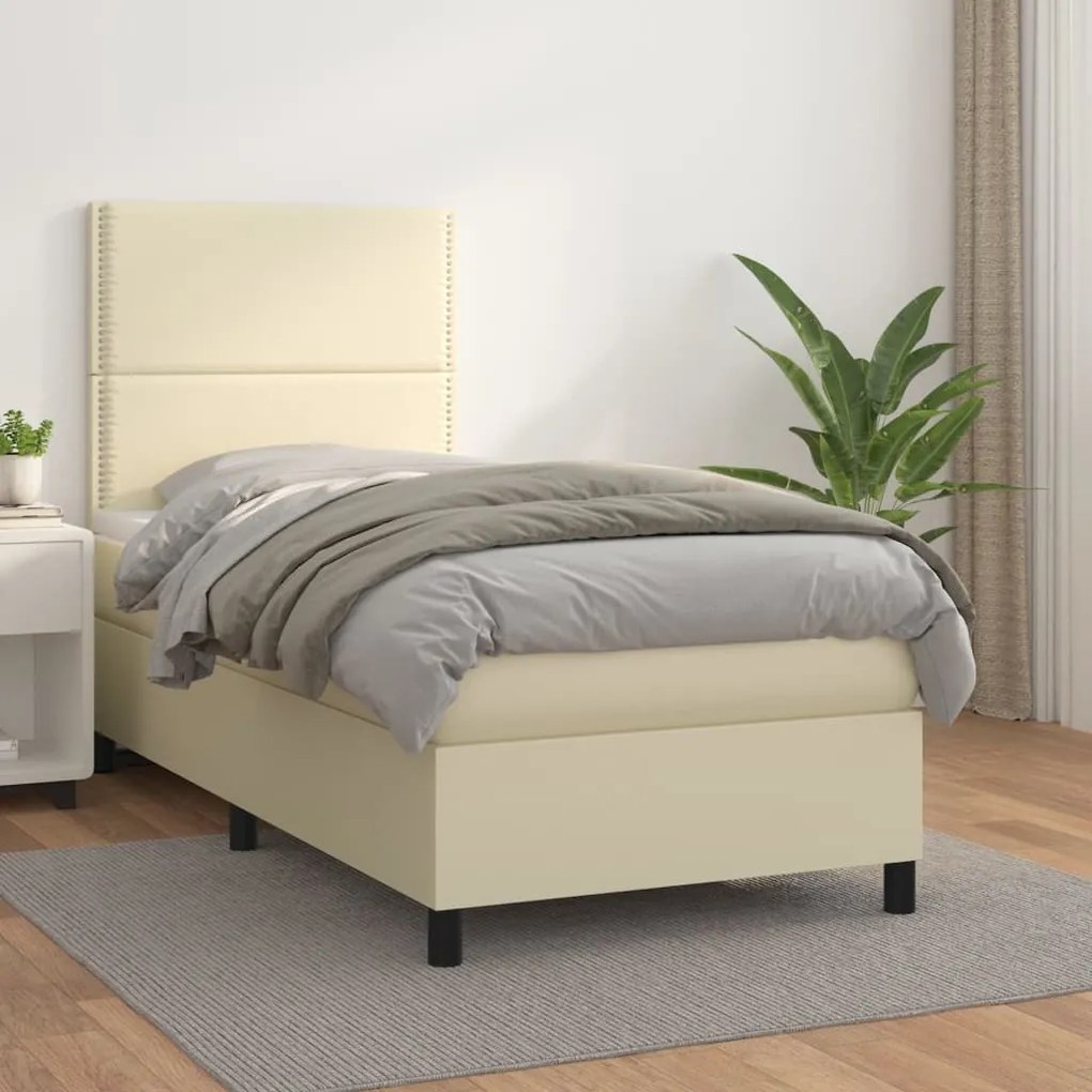 vidaXL Κρεβάτι Boxspring με Στρώμα Κρεμ 100x200εκ. από Συνθετικό Δέρμα