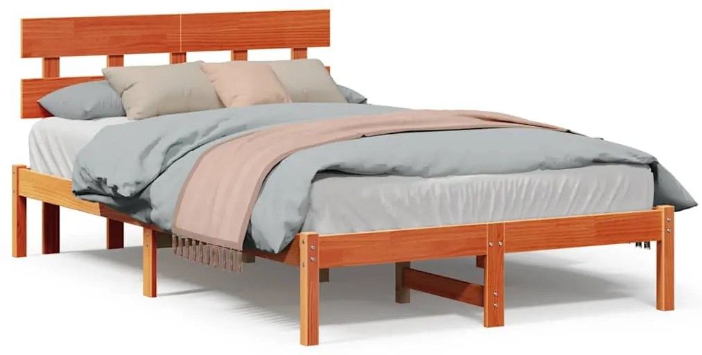 vidaXL Κρεβάτι με Κεφαλάρι Καφέ 135x190 εκ Μασίφ Ξύλο Πεύκου