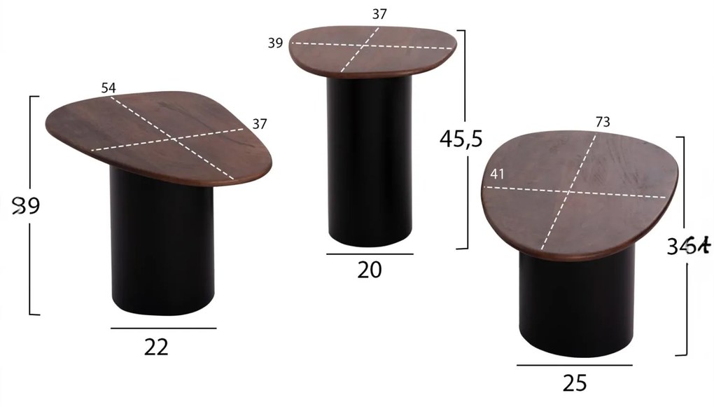 Τραπεζάκια σαλονιού PEBBLES Σετ 3 τμχ MANGO Top και Μεταλλικές Μαύρες Βάσεις 39x37x45.5 εκ.