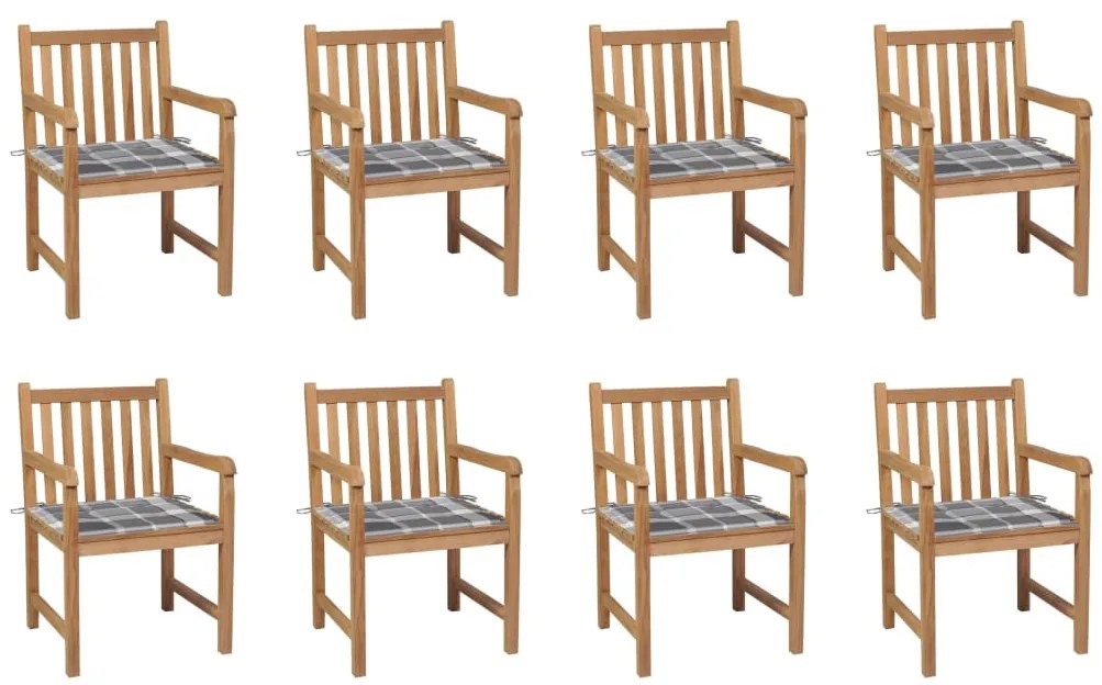 vidaXL Καρέκλες Κήπου 8 τεμ από Μασίφ Ξύλο Teak με Γκρι Καρό Μαξιλάρια