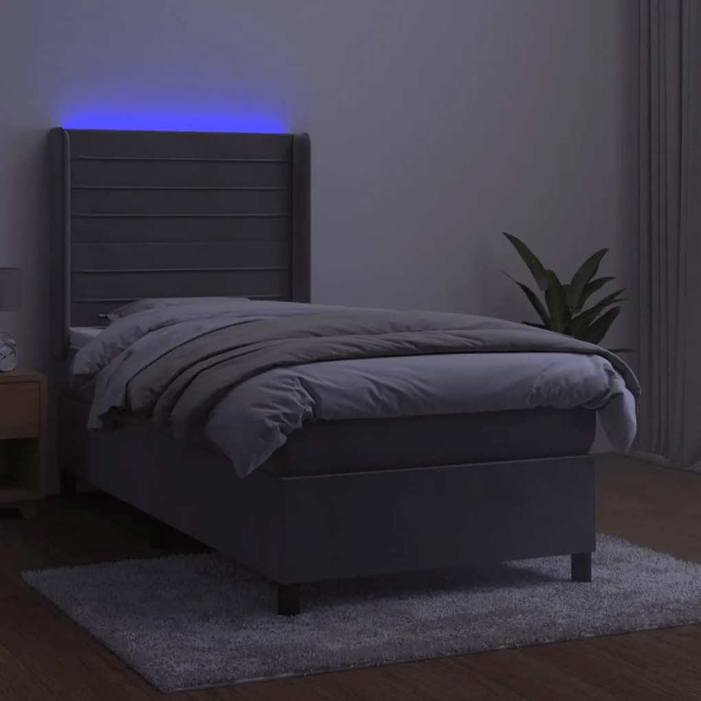 Κρεβάτι Boxspring με Στρώμα &amp; LED Αν.Γκρι 80x200 εκ. Βελούδινο - Γκρι