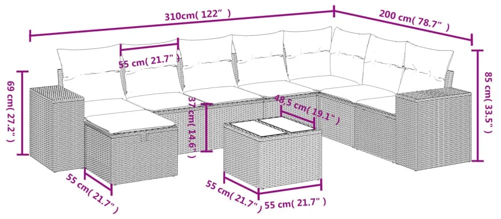 vidaXL Σαλόνι Κήπου Σετ 9 τεμ. Καφέ από Συνθ. Ρατάν με Μαξιλάρια