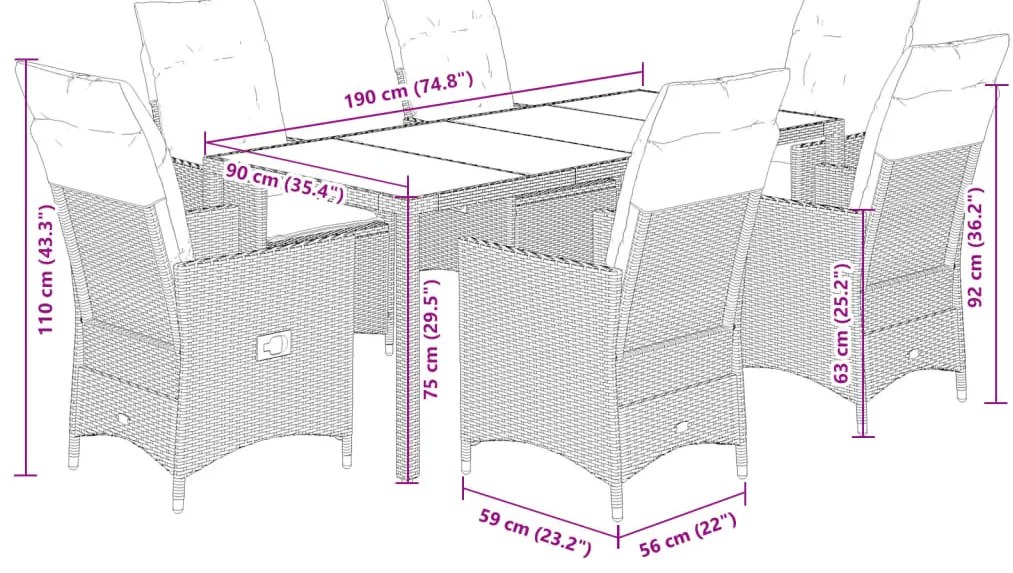 vidaXL Σετ Τραπεζαρίας Κήπου 7 τεμ. Γκρι Συνθ. Ρατάν με Μαξιλάρια