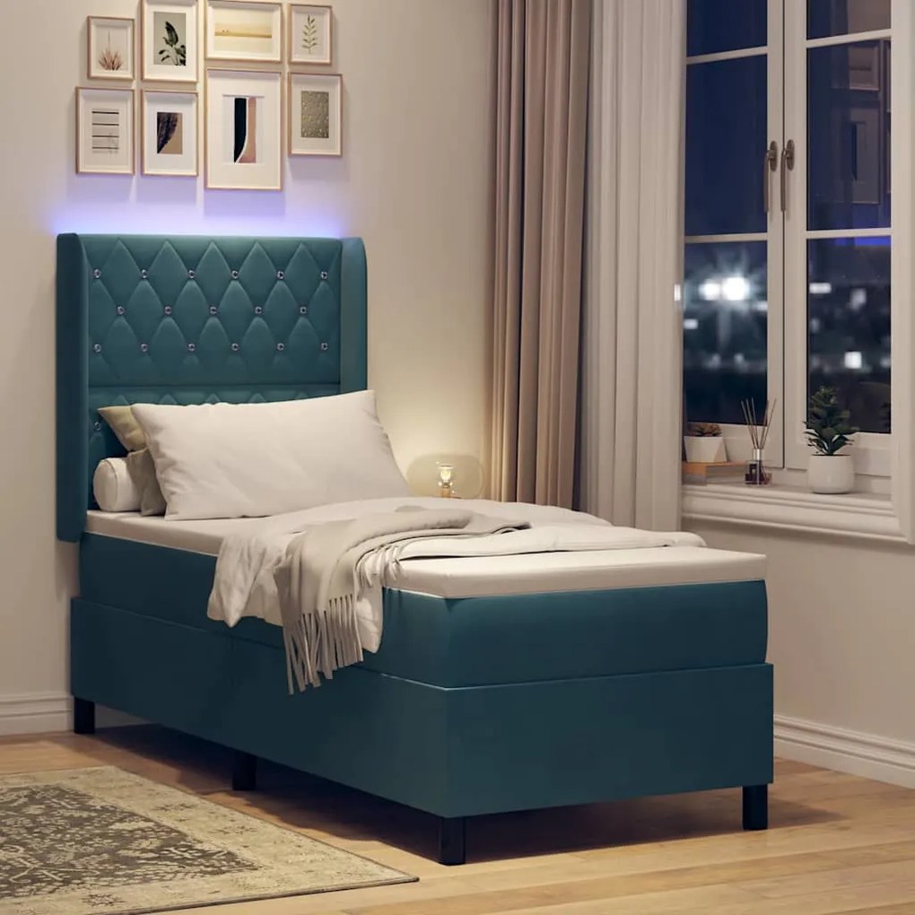 vidaXL Κρεβάτι Box Spring LED με Στρώμα Μπλε 80 x 200 cm Βελούδο