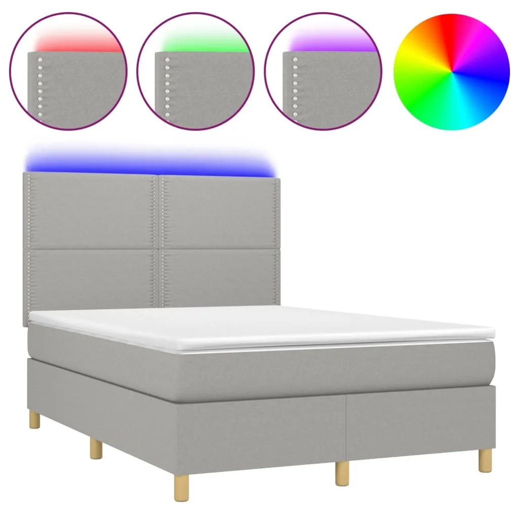 vidaXL Κρεβάτι Boxspring με Στρώμα & LED Αν.Γκρι 140x190εκ. Υφασμάτινο