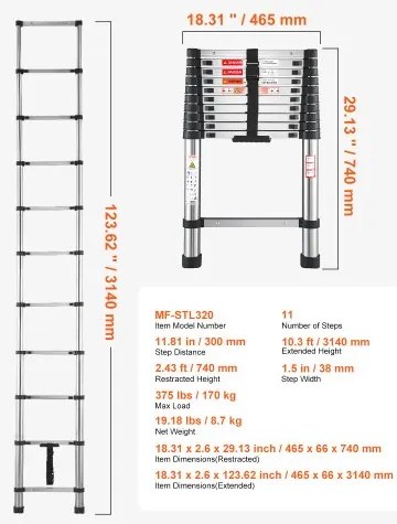 VEVOR Telescoping Ladder Stainless Steel Extension Step 10.5ft Portable Ladders