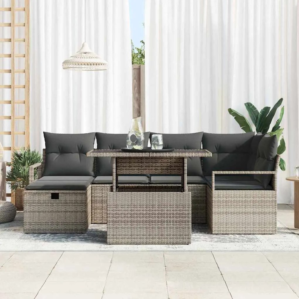vidaXL Σετ Καναπέ Κήπου με μαξιλάρι 7 pcs Γκρι Πολυ ράταν