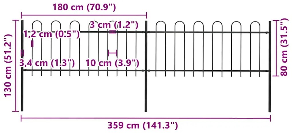 vidaXL Φράχτης Κήπου με Κορυφή από Ατσάλι 359 x 80 εκ. Μαύρος