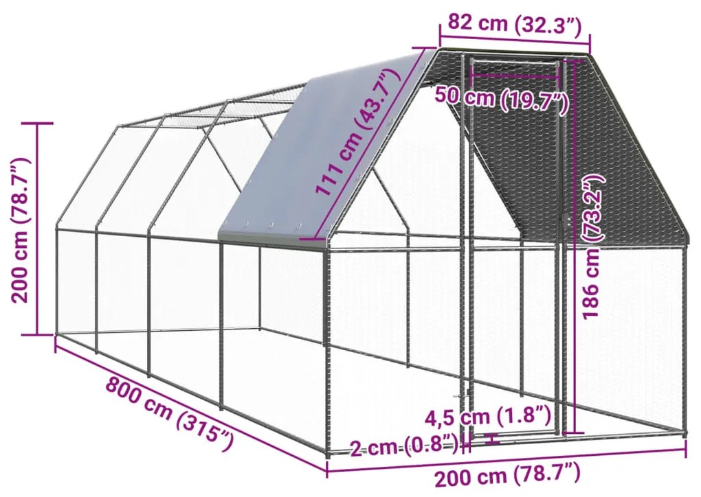 vidaXL Κοτέτσι - Κλουβί Εξωτ. Χώρου 2x8x2 μ. από Γαλβανισμένο Χάλυβα