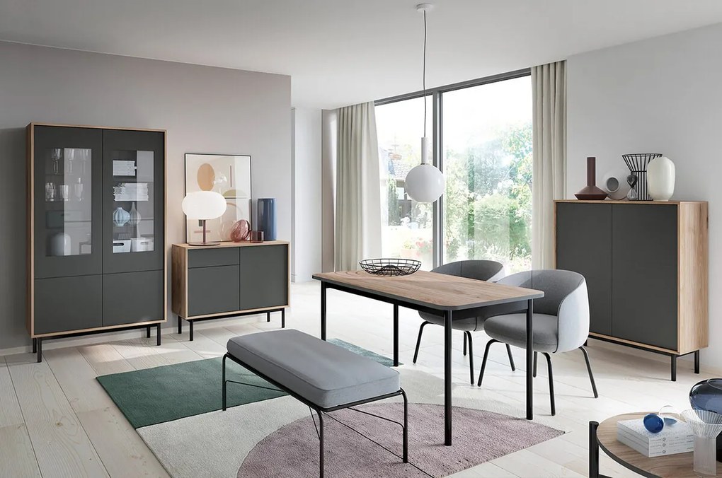 Σιφονιέρα Lima C101, Hickory δρυς, Γραφίτης, Με συρτάρια και ντουλάπια, 84x104x39cm