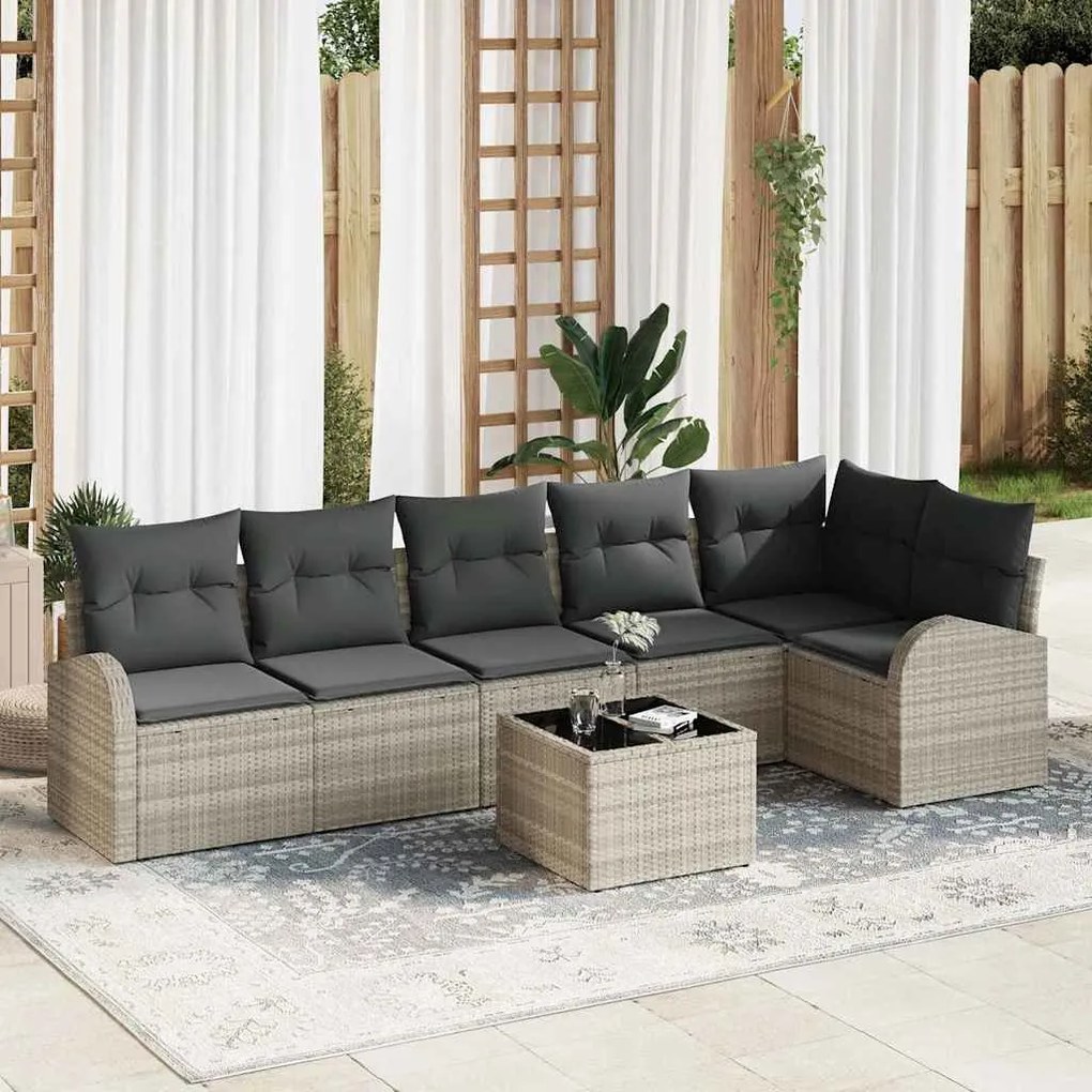 vidaXL Σετ Καναπέ Κήπου με μαξιλάρι 7 pcs Ανοιχτό γκρι Πολυ ράταν