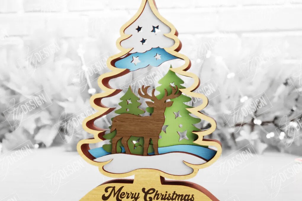 Σετ των 2 Intra απο ξύλο plywood 3mm-4mm πάχος Χριστουγεννιάτικο δέντρο με 3D στρώματα | Διακοπές |CNC Δίασταση 15x15 cm INTRAFABR-105596591