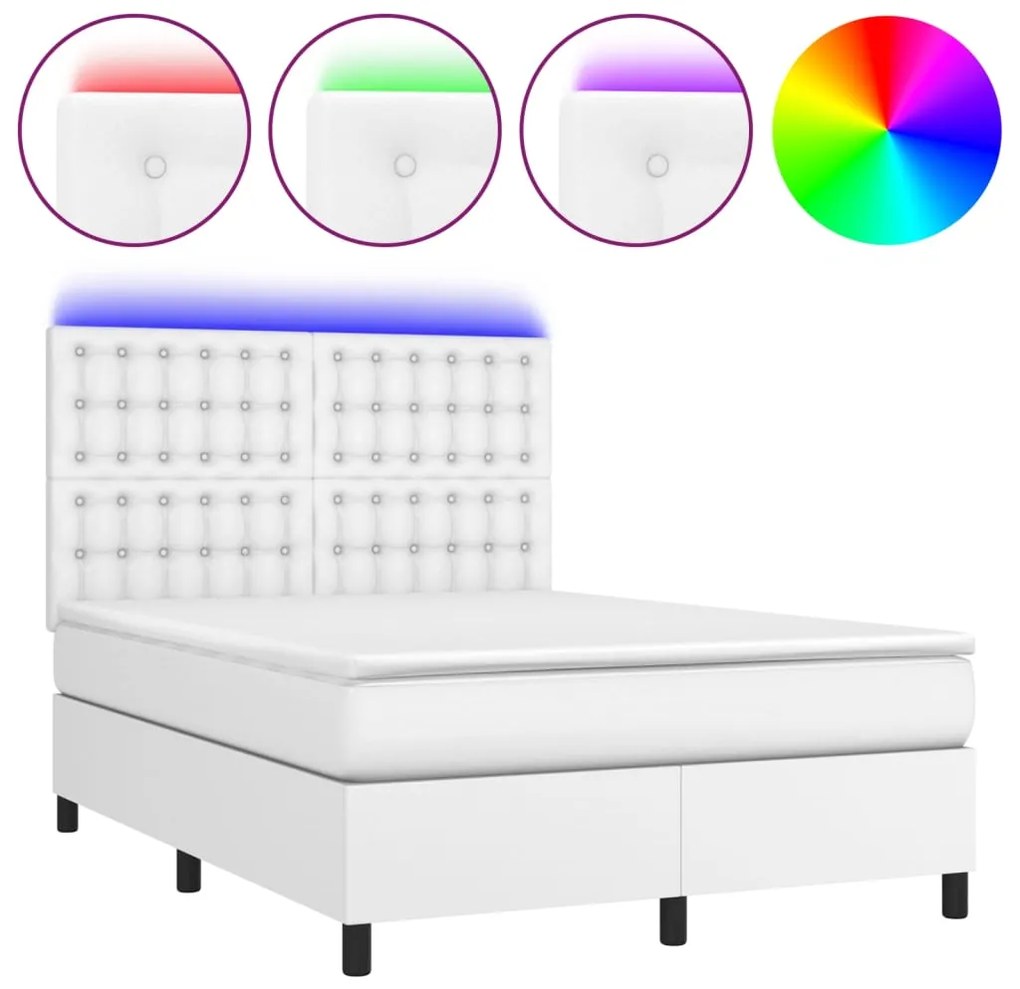 vidaXL Κρεβάτι Boxspring με Στρώμα & LED Λευκό 140x190 εκ. Συνθ. Δέρμα