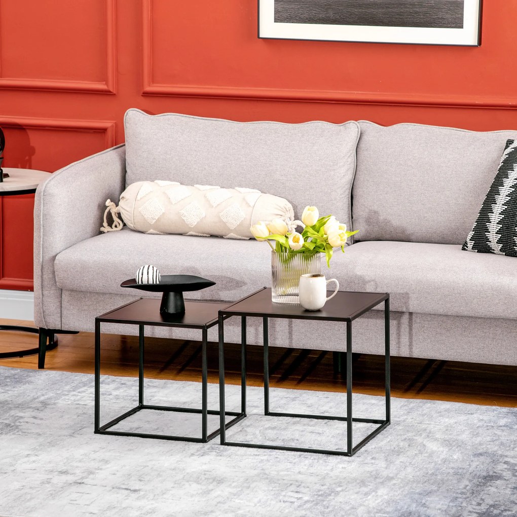HOMCOM Τραπεζάκι σαλονιού, σετ 2 τεμαχίων, μοντέρνος σχεδιασμός, ατσάλινο πλαίσιο, μαύρο, 40 x 40 x 40cm