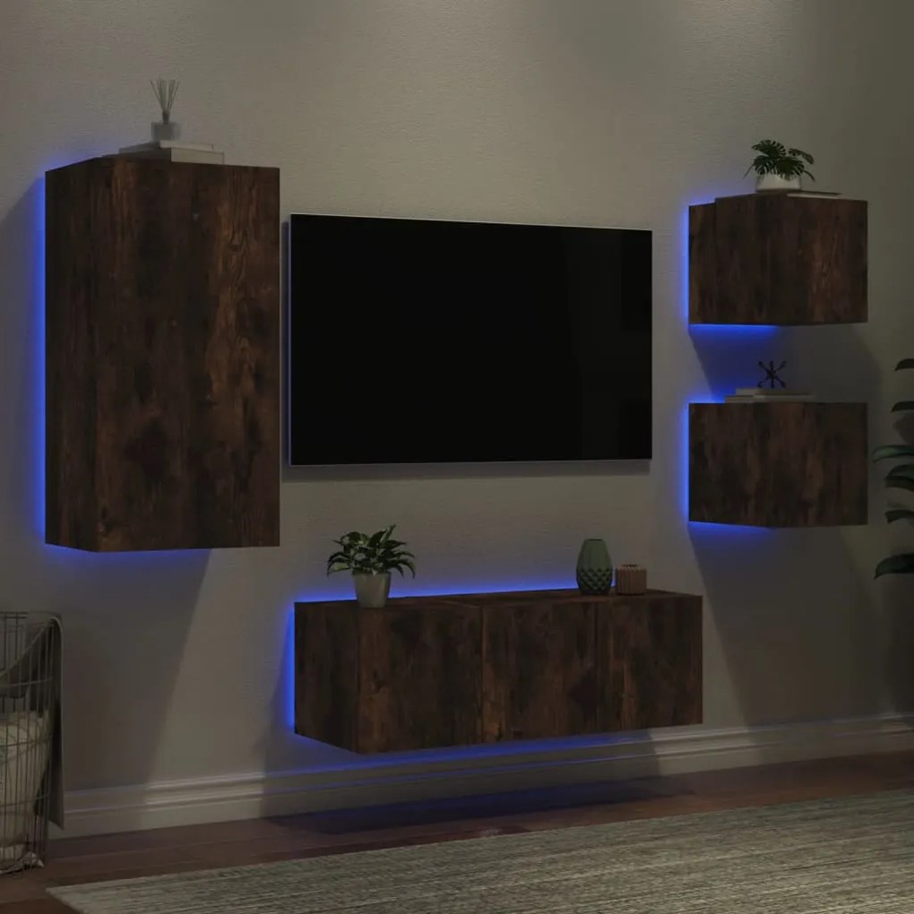 vidaXL Έπιπλα Τοίχου Τηλεόρασης 5 τεμ LED Καπνιστή Δρυς από Επεξ. Ξύλο