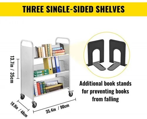 VEVOR Book Cart, 200lbs Library Cart, 35x19x49 Inch Rolling Book Cart Double Sided W-Shaped Sloped Shelves with 4-Inch Lockable Wheels, for Home Shelves Office and School Book Truck in White