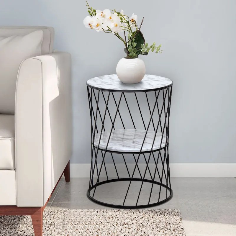 Τραπεζάκι βοηθητικό Jaspin Megapap μεταλλικό - Mdf χρώμα μαύρο-λευκό εφέ μαρμάρου 32x32x44εκ.