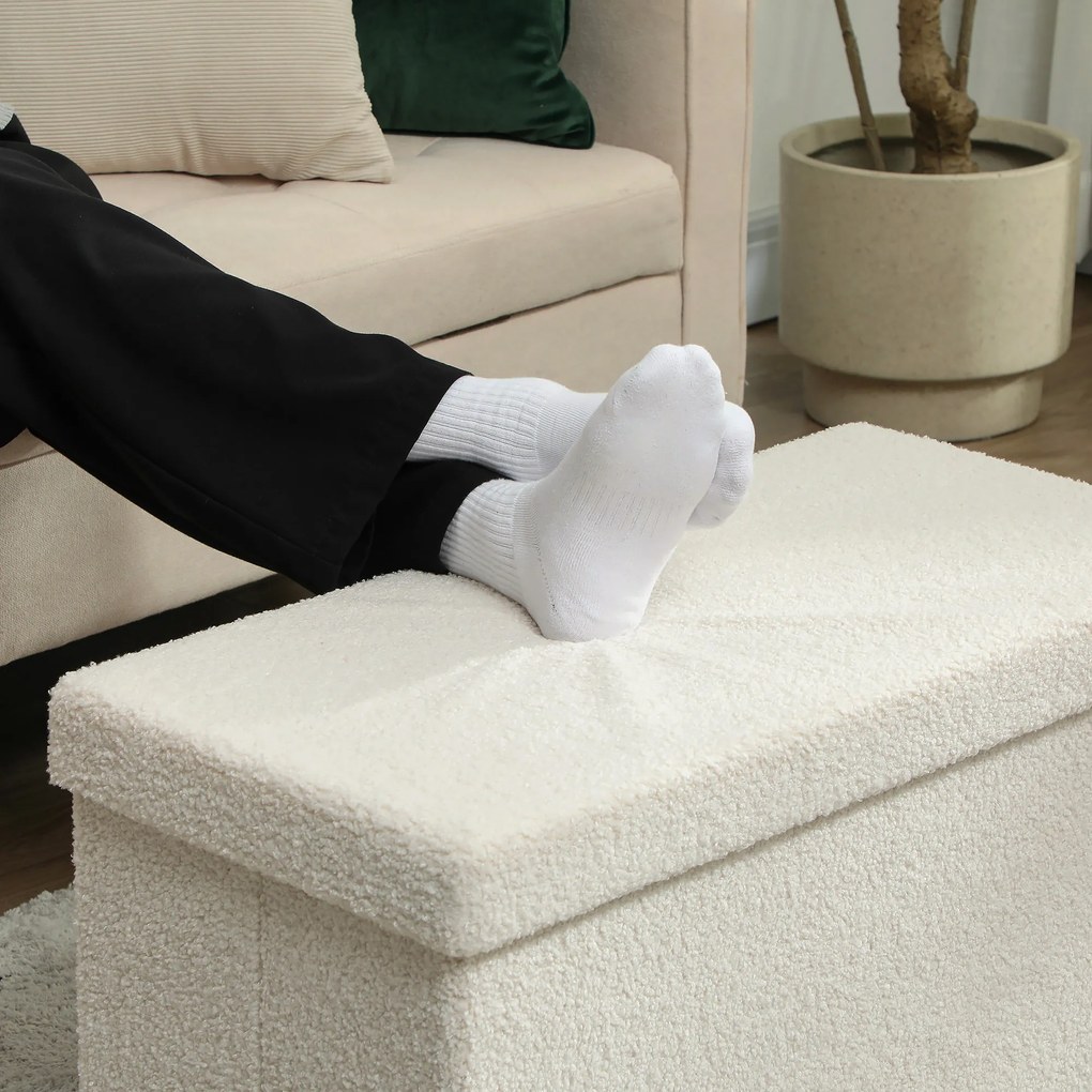 HOMCOM Σκαμπό Αποθήκευσης, Ταμπουρέ με Αποθηκευτικό Χώρο και Καπάκι για Σαλόνι, Υπνοδωμάτιο, Διάδρομο, Κρεμ Λευκό