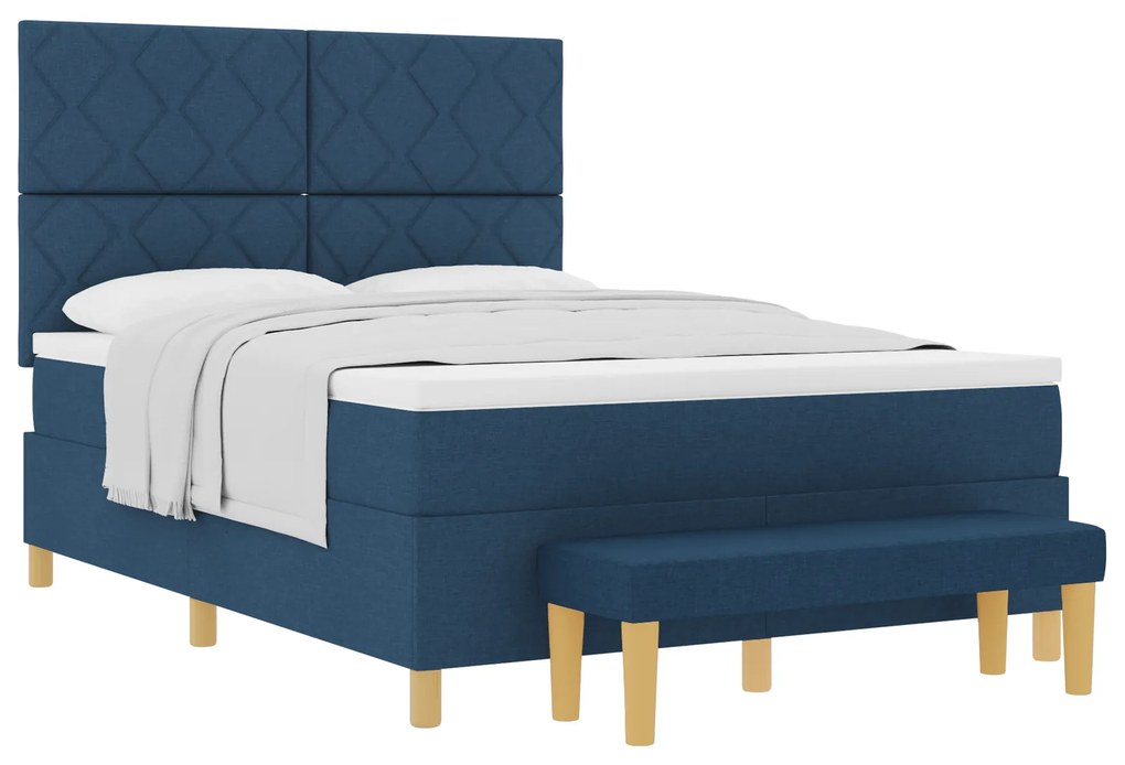 vidaXL Κρεβάτι Box Spring με Στρώμα & Πάγκο Μπλε 160x200 εκ. Ύφασμα