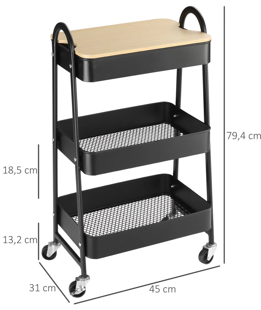 HOMCOM Τροχήλατο καρότσι, καρότσι σερβιρίσματος με 3 καλάθια, μέταλλο, πλαστικό, Μαύρο