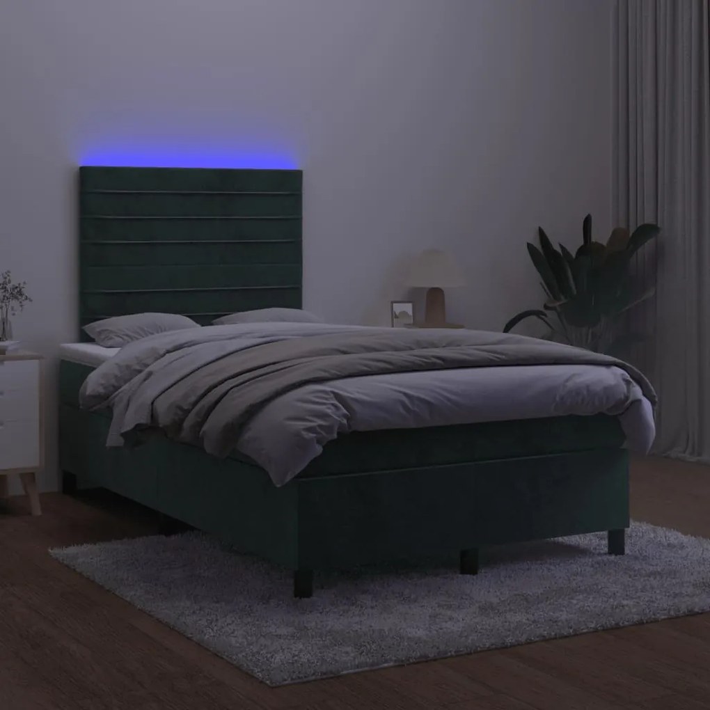 vidaXL Κρεβάτι Boxspring με Στρώμα & LED Σκ. Πράσινο 120x190εκ Βελούδο