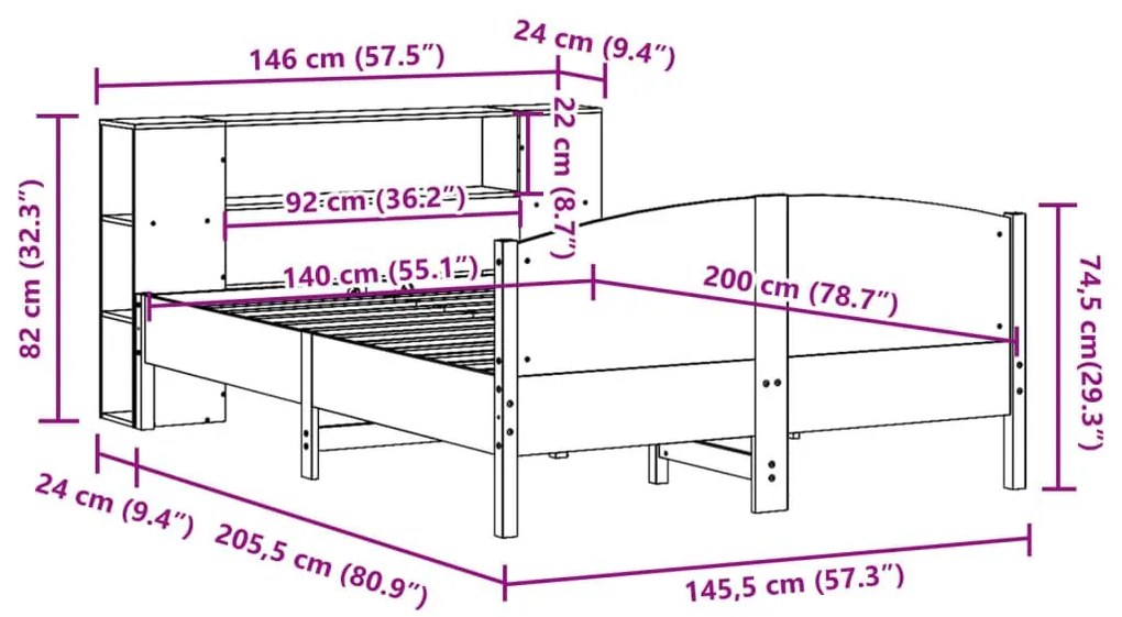 Κρεβάτι Βιβλιοθήκη Χωρίς Στρώμα 140x200 εκ Μασίφ Ξύλο Πεύκου - Καφέ